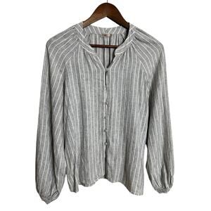 Faherty Naomi Top Peasant Striped Linen Blend Band Collar Boho size S